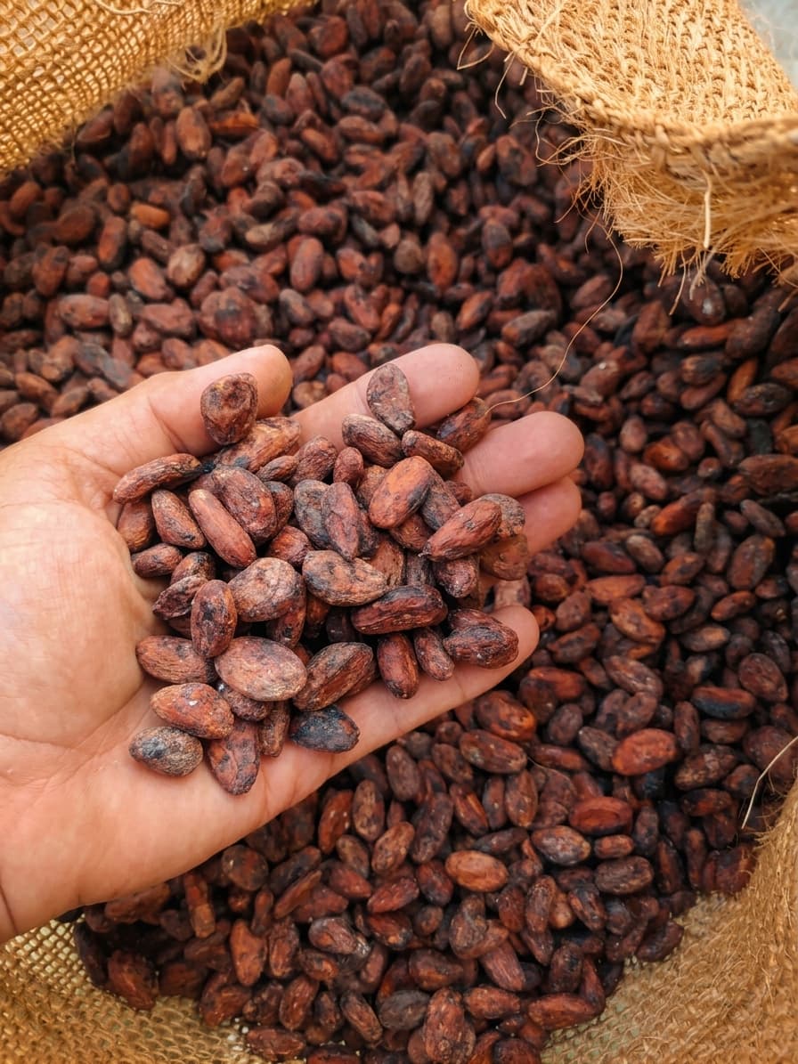 Grano fermentado de cacao Ocumare sostenido en la mano sobre un saco de yute