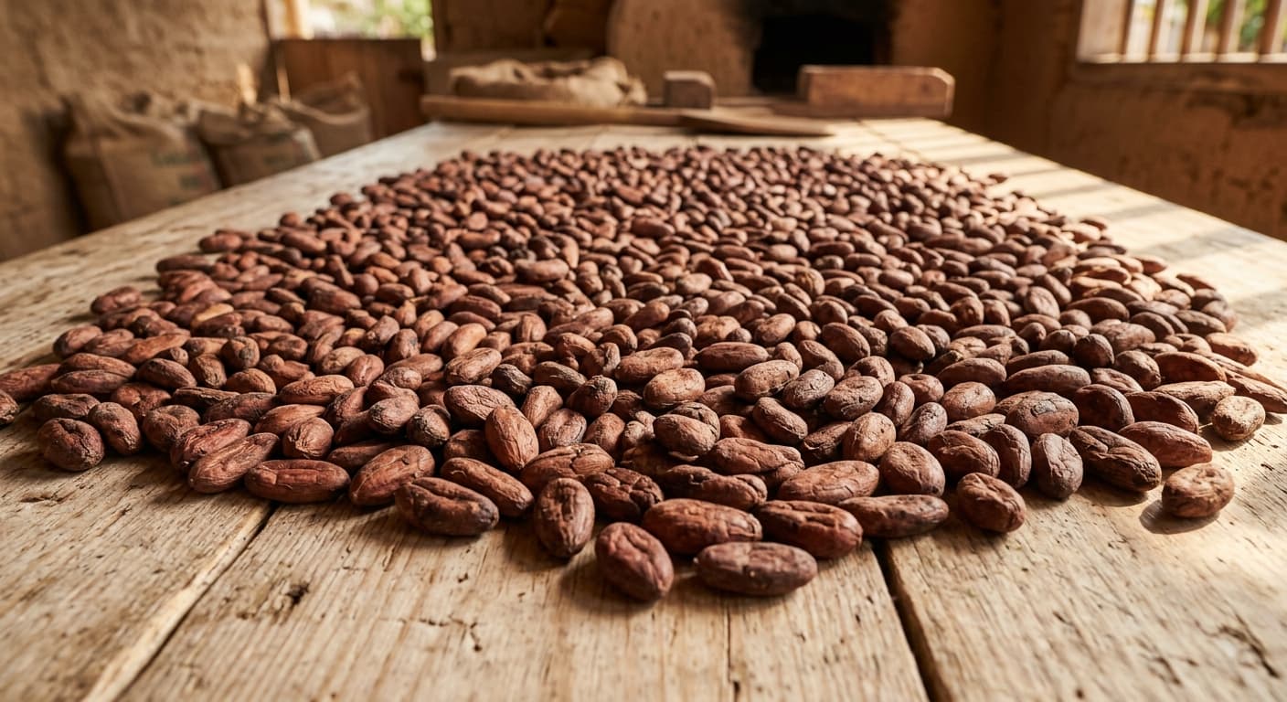 Granos secos de cacao Sur del Lago extendidos sobre una mesa de madera