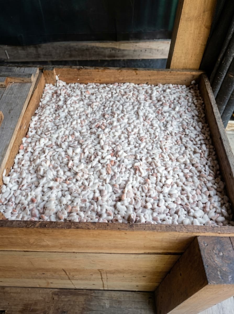 Granos de cacao recién despulpados, con mucílago, listos para fermentar