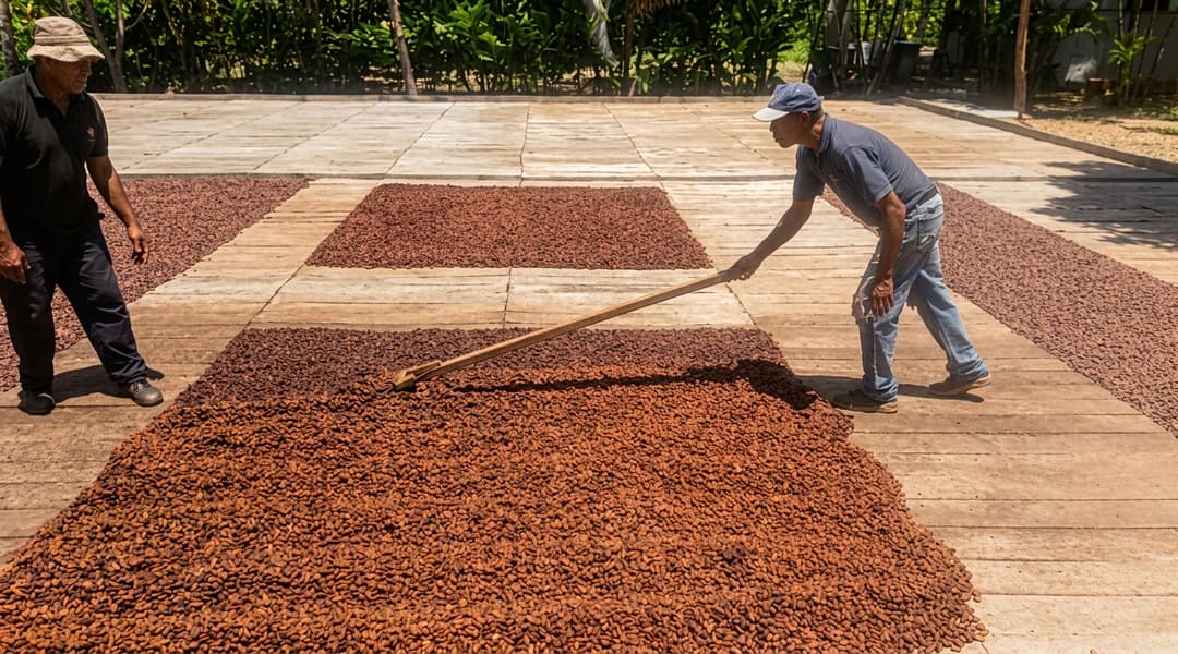 Volteo del cacao cada 24 horas durante la fermentación en Ocumare de la Costa de Oro